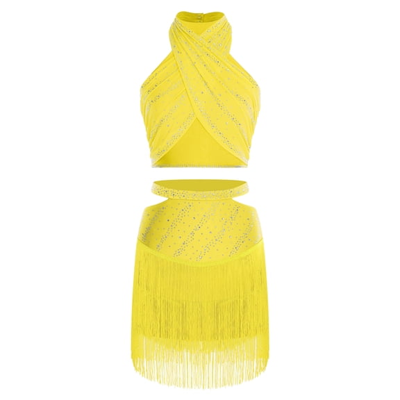 inlzdz Women Latin Dance Set Rhinestones Crop Top Fringe Short Skirts Modern Dancing Outfits Yellow XL