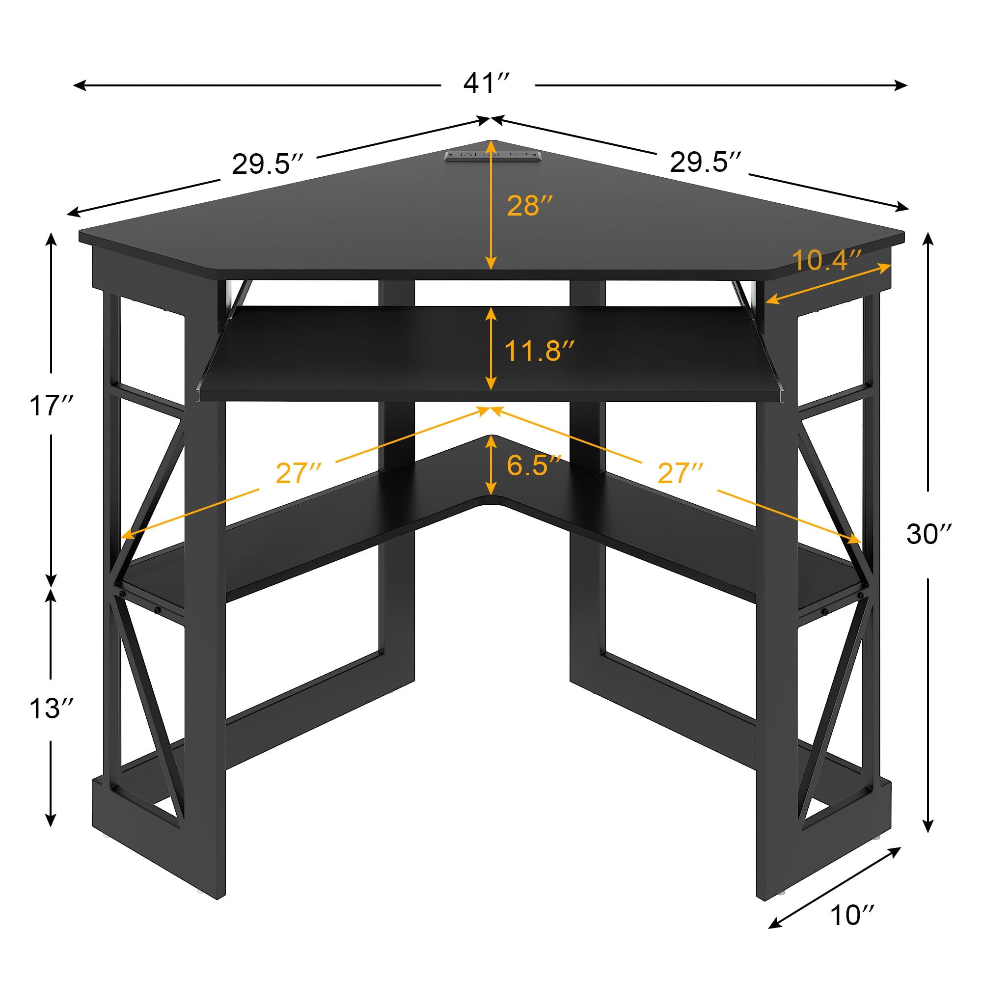 VECELO Corner Computer Desk with Charging Station, 90 Degree Triangle Writing Study Table with Keyboard & Storage Shelves for Small Space, Black