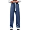 thumbnail image 2 of Women's Elastic Waist Wide Leg Jeans, Drawstring Straight Leg Denim Pants, Comfortable Loose Fit Trousers, Casual Fashion Bottoms, Versatile Everyday Wear, Classic Style Jeans Dark Blue XXXL, 2 of 8