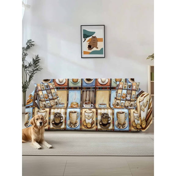 Watercolor Coffee Couch Cover for 2 Cushion Couch, Retro Coffee Patchwork Washable Love Seat Sofa Covers Slipcover, Throw Sofa Covers for Pets, Furniture Protector 71"x102"