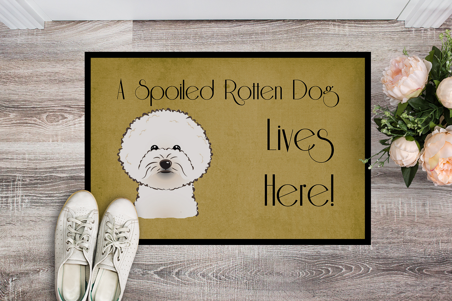 Caroline's Treasures BB1465JMAT Bichon Frise Spoiled Dog Lives Here Door Mat, Indoor Rug or Outdoor Welcome Mat 24x36