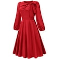 thumbnail image 4 of LSOLMD Women's Elegant Bow Tie Crew Neck Puff Long Sleeve A-Line Swing Midi Dress, 4 of 9