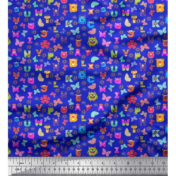 Soimoi Blue Modal Satin Fabric Insect,Sun & Cartoon Alphabets Text Print Sewing Fabric BTY 42 Inch Wide
