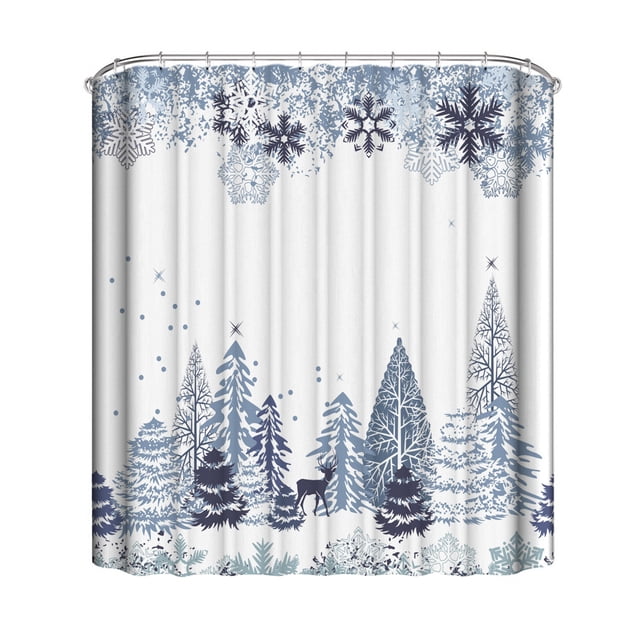 WLOELOEW Christmas Forest Snow Scene Shower Curtain Waterproof Mildew Proof With Hooks 90X180Cm Polyester Material