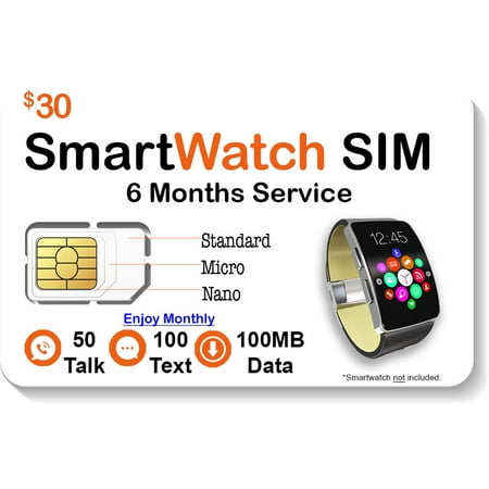 $30 Smart Watch SIM Card For 2G 3G 4G LTE GSM Smartwatches and Wearables - 6 Months Service - USA Canada & Mexico (Best Roaming Sim Card)