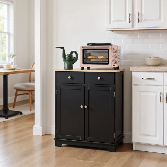 Kadyn Buffet Cabinet, Sideboard Cabinet,Kitchen Storage Cabinet, Sideboard Floor Cupboard with Solid Wood Top and 2 Drawers, Black