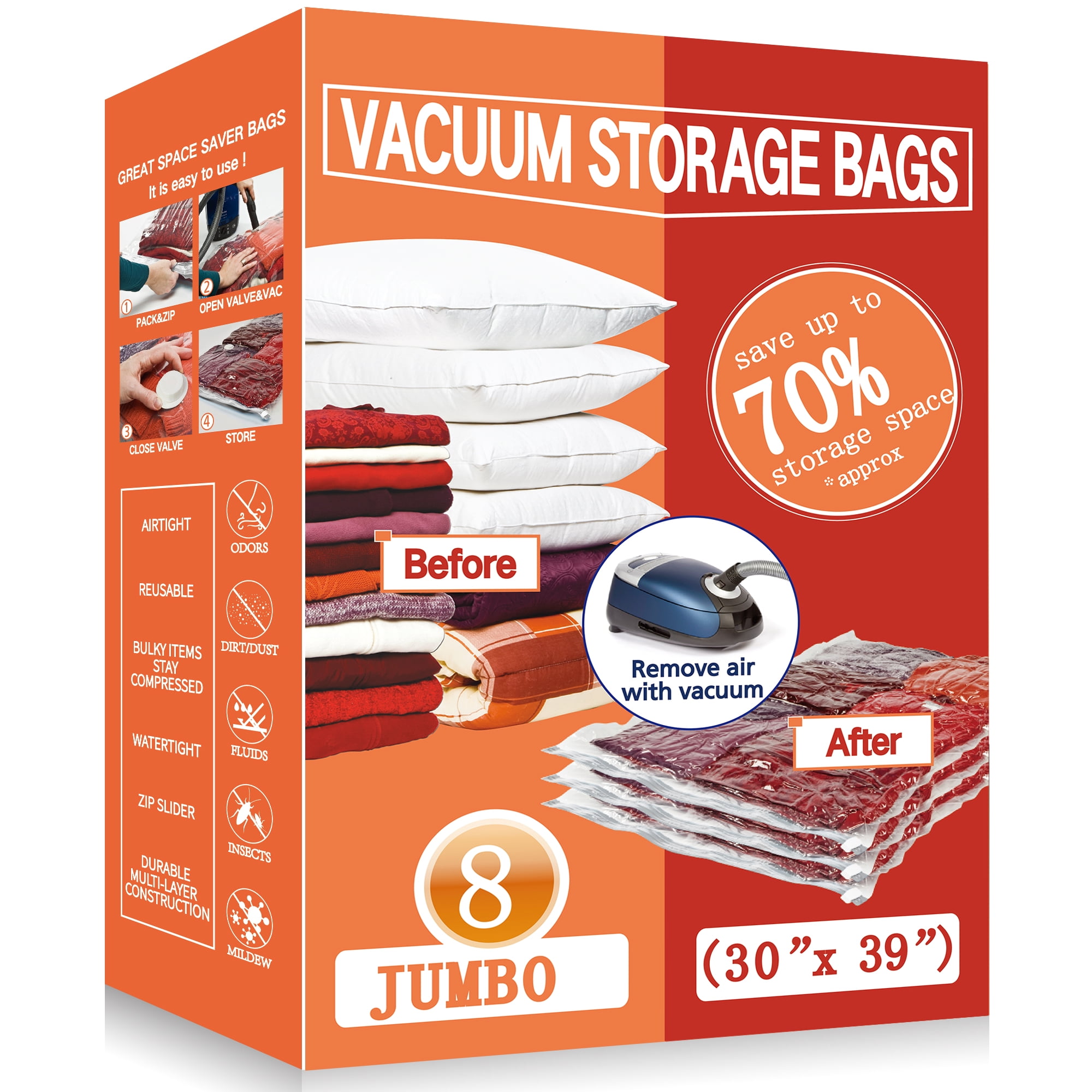 Vacpack Space Saver Bags,8 Pack Jumbo Vacuum Storage Bags with Hand Pump for Home and Travel (8J)