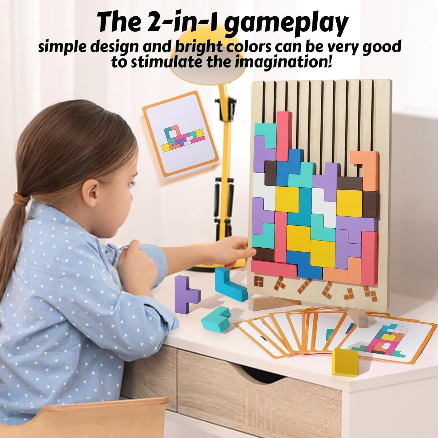 Wooden Colored 3D Russian Block PuzzleToys,  Jigsaw Stacking Montessori Toys Educational Gift, Board Game 10-Card and 42-Piece Puzzle Toys Brain Blocks Teasers for 3-6 Years