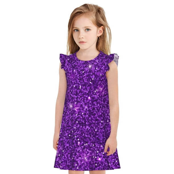Fotbe Purple Glitter Vestido de Dormir para Niñas de 3 a 10 Años, Mangas Cortas, Estilo Princesa, Pijama Camisón con Mangas Voladas-Large
