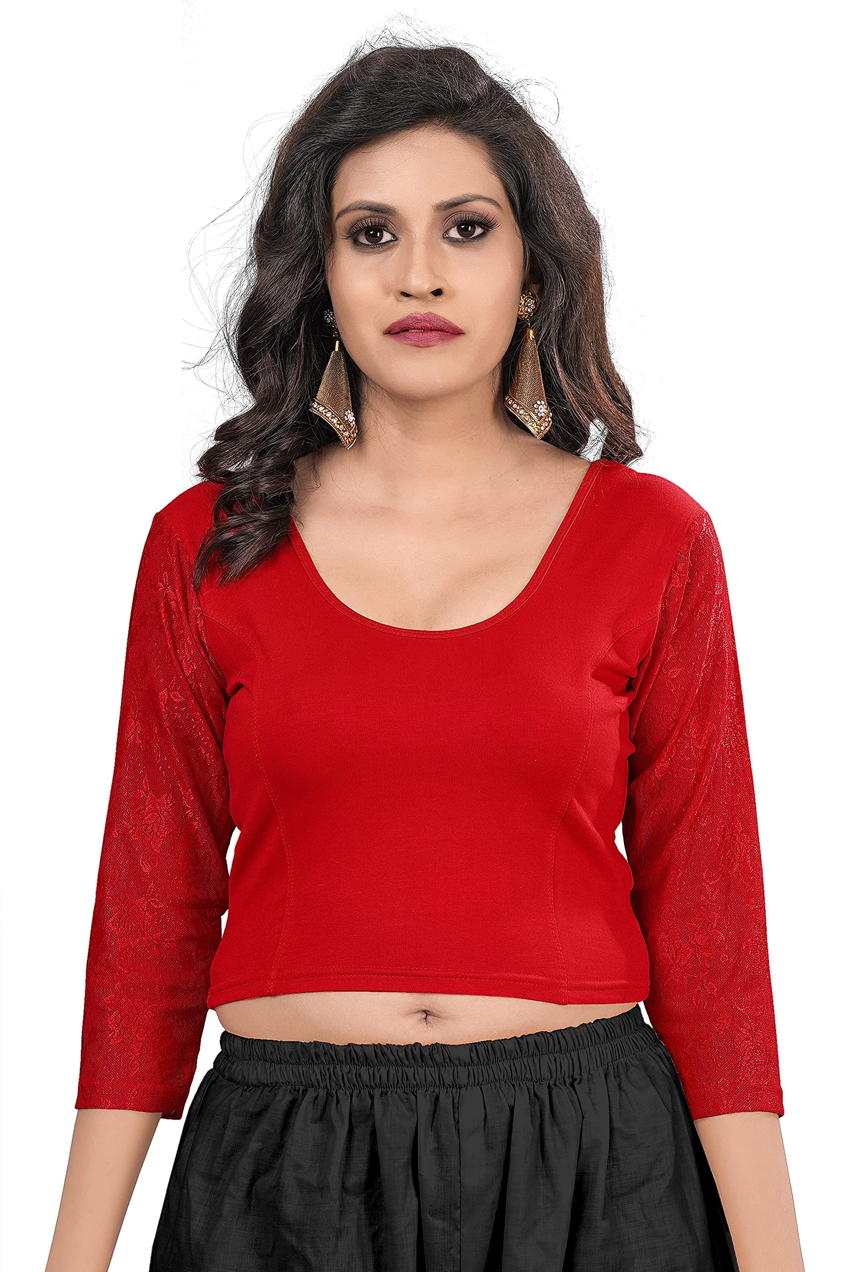 Crazy Bachat Women's Designer Red 3/4 Net Stretch Blouse for Saree Crop ...