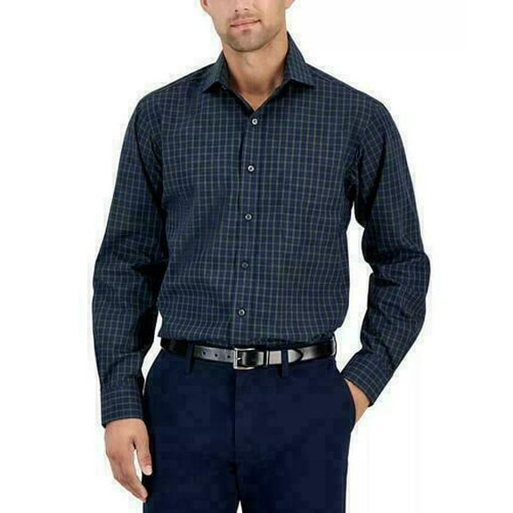 Club Room Men's Regular-Fit Check Performance Dress Shirt Navy Green-18 36/37