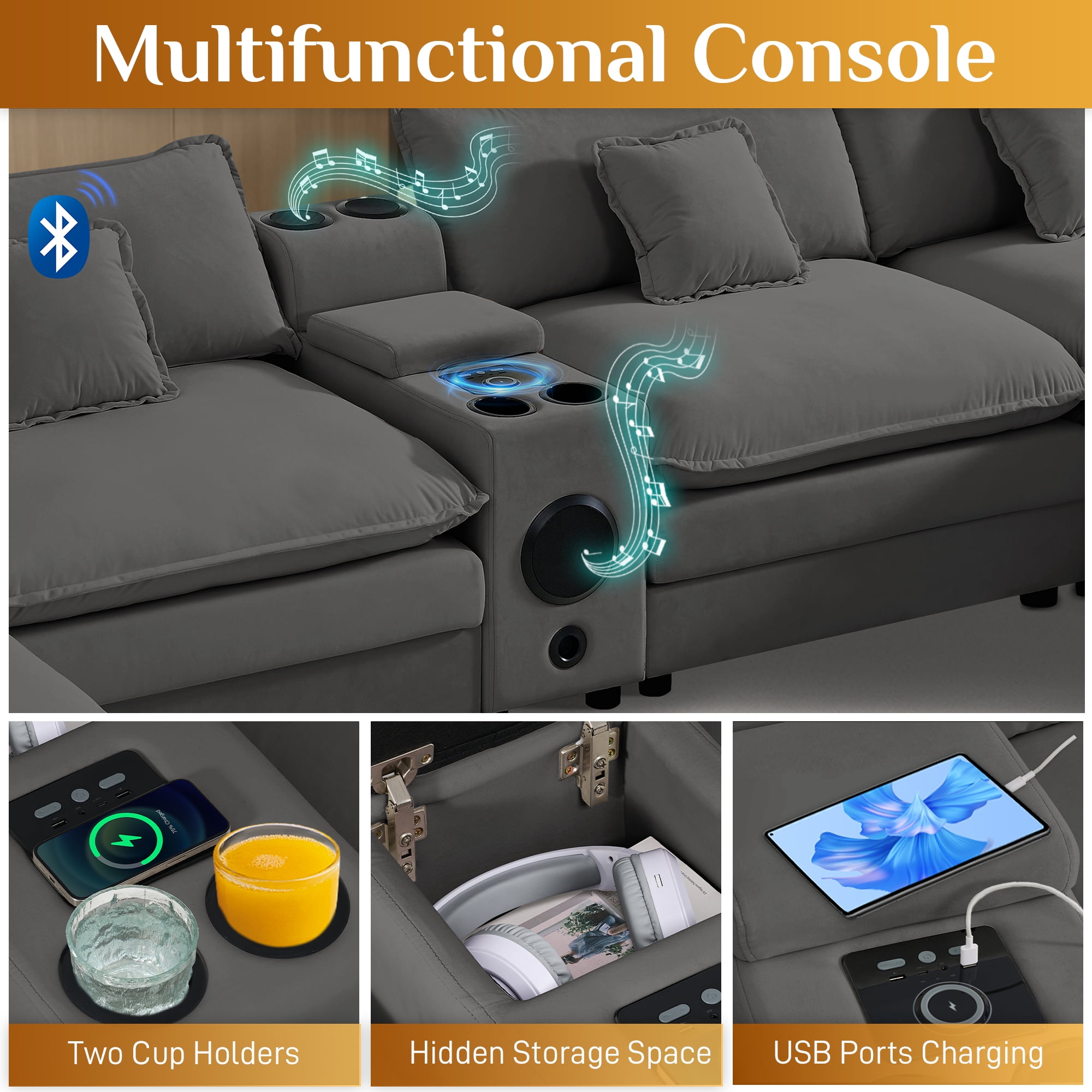 Wiilayok 162.6" U Shaped Sectional Sofa,Velvet Cloud Modular Sectional Sofa Couch Set with Double Chaise,Central Console,Cup Holder for Living Room,Gray