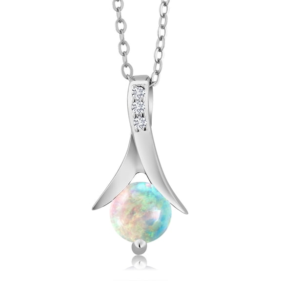 Gem Stone King 0.35 Cttw Round Cabochon White Simulated Opal and White Lab Grown Diamond 925 Sterling Silver Pendant Necklace for Women | With 18 inch Silver Chain