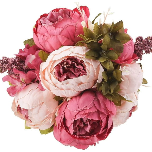 Silk Peony Bouquet Vintage Artificial Peonies Flower for Home Wedding Party Decor (pcs, Dark Pink)