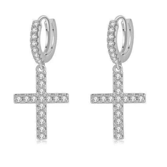HOOUN 925 Silver Filled Gold Cubic Zirconia Women Men Cross Hoop Drop Earrings Jewelry-#4