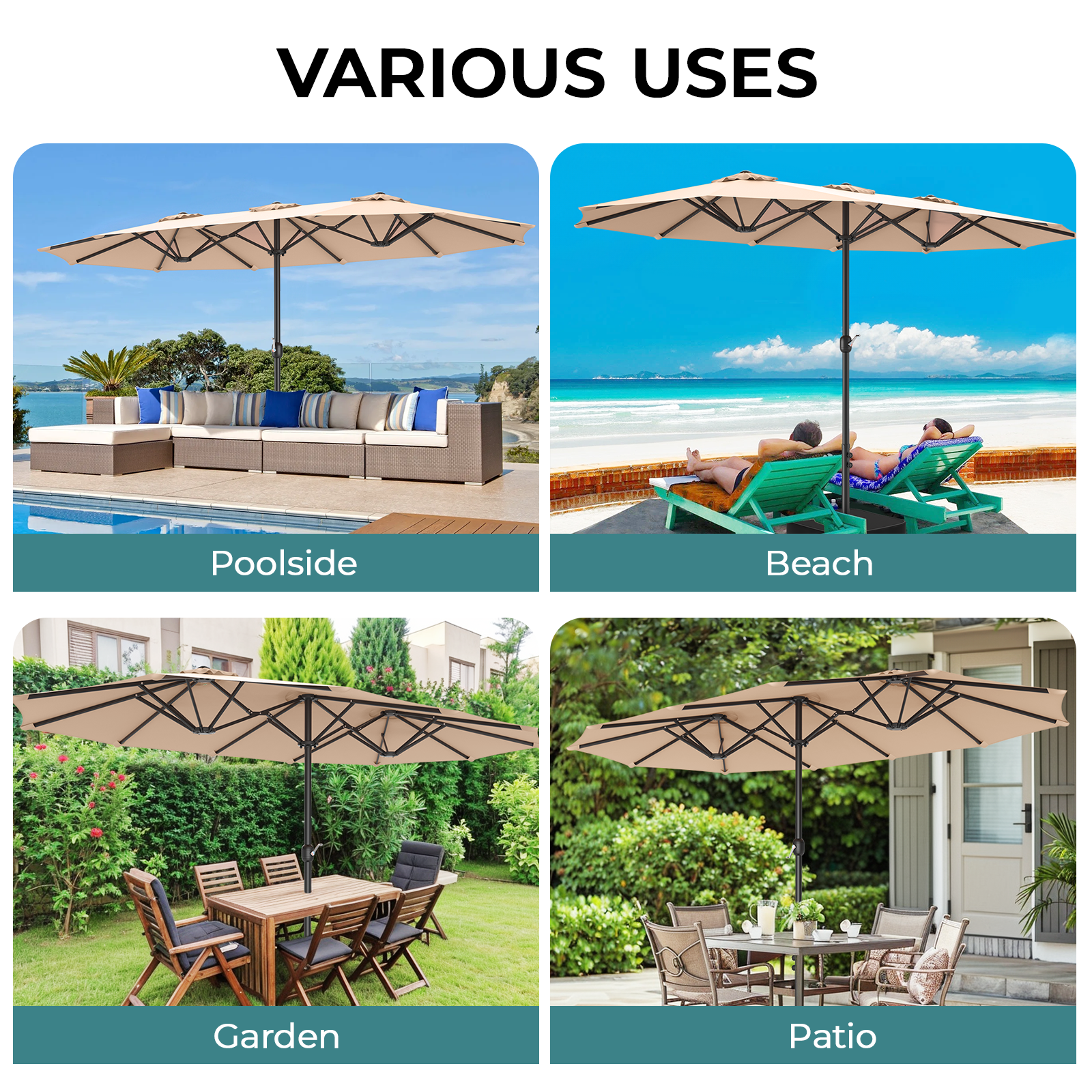 Vitarpatio 15 ft Double Sided Patio Umbrella with Base, Extra Large Outdoor Market Umbrella with Crank Handle, Rectangular Outdoor Deck Umbrella