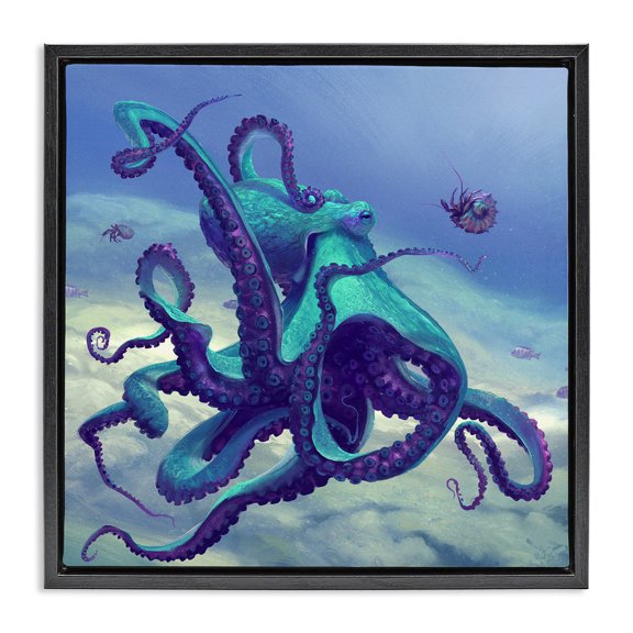 Stupell Industries Coastal Vivid Underwater Octopus Black Floating Frame Canvas Art, 18 x 18, by Vlad Mel