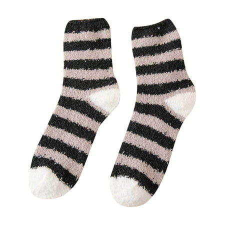 

Heiheiup Women Autumn And Winter Striped Coral Fleece Warm Thick Home Socks Stockings Sleep Stockings