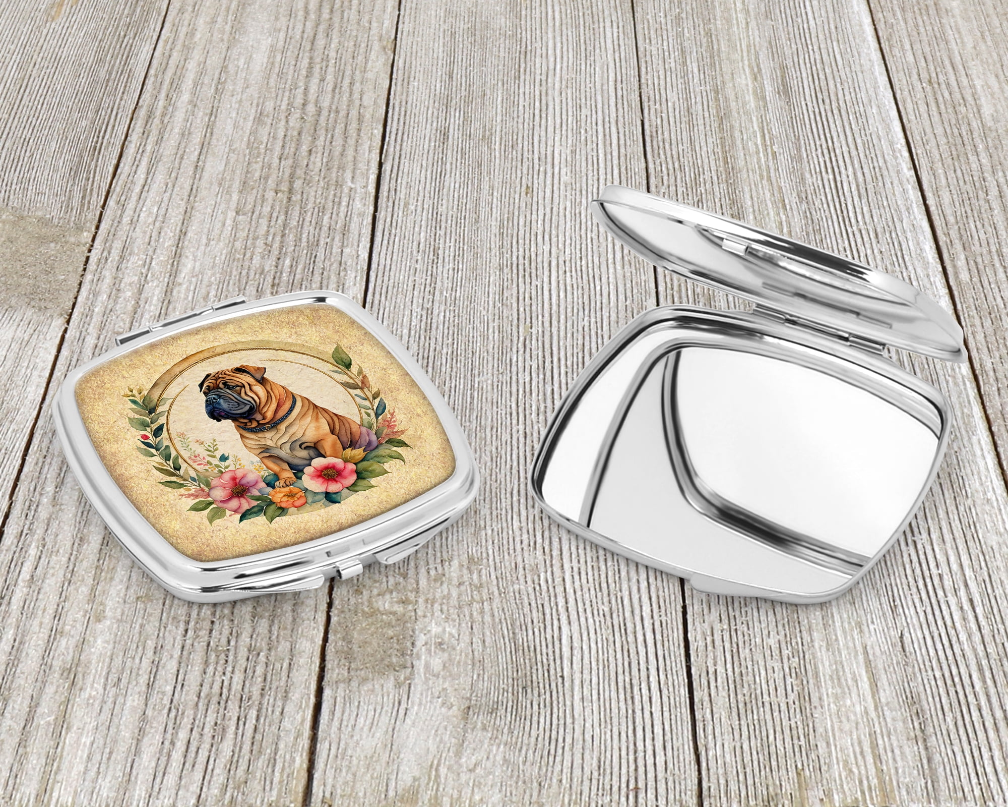 Shar Pei and Flowers Compact Mirror 2.75 in x 3 in