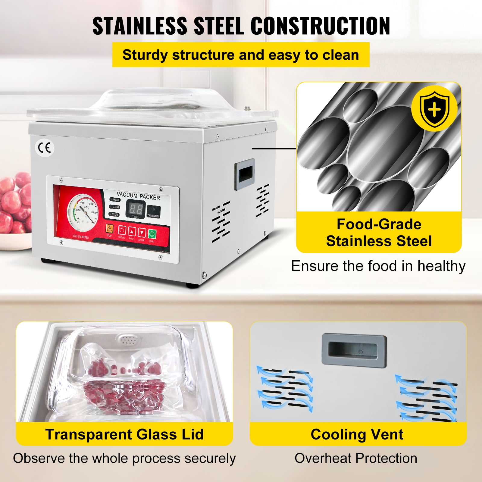 KFFKFF Chamber Vacuum Sealer, DZ-260A 6.5 cbm/h Pump Rate, Excellent Sealing Effect with Automatic Control, Commercial Kitchen Foods Packaging Machine Used for Fresh Meats, Fruit Saver 110V