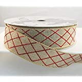 Criss Cross Ribbon - Wire Edged Salad Natural Linen with Red Criss Cross Glitter Lines Christmas Ribbon 1 1/2