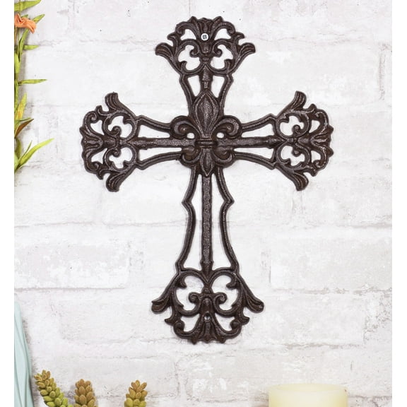 Cast Iron Rustic Southwest French Lily Fleur De Lis Scroll Art Wall Cross Decor