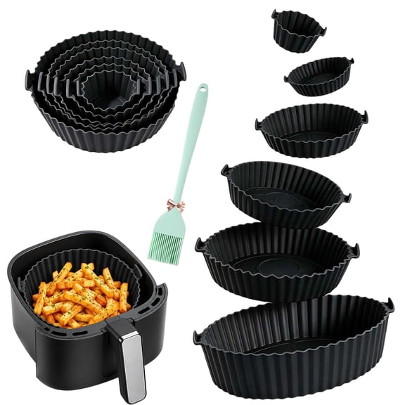 6-Piece Silicone Air Fryer Baking Tray Set,Reusable Air Fryers Basket Pots Oven Liner Baking Tray, Air Fryer Silicone Mat Accessories Kitchen (Black)
