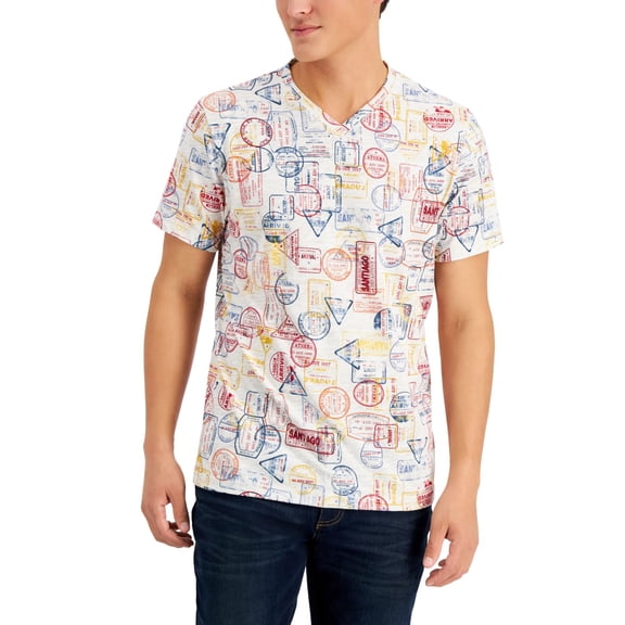 Sun   Stone Men’s Remix Stamps Graphic V-Neck T-Shirt, Beige,Small