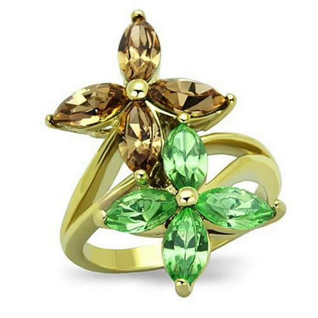IP Gold Ion Plating Stainless Steel Ring with Top Grade Crystal, Multi Color - Size 9