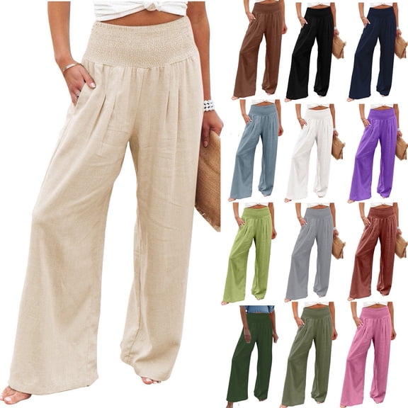 Nestiefly Women Linen Palazzo Pants Summer Boho Wide Leg High Waist Casual Lounge Pant 2026 Beach Travel Vacation Clothes Sky Blue S