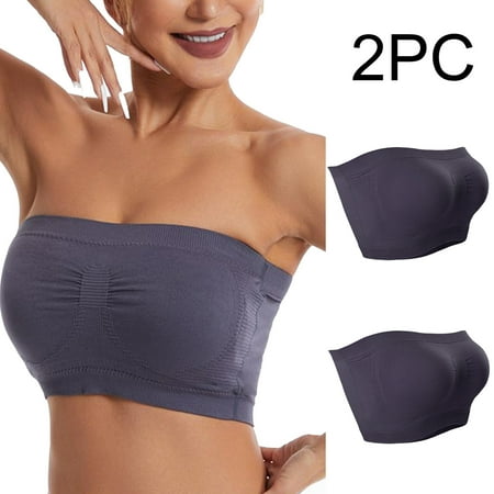 Crunowin Women s Tube Top Bra 2 Pack  Traceless Solid Color No Underwire Breathable Comfort Strapless Underwear Gray L