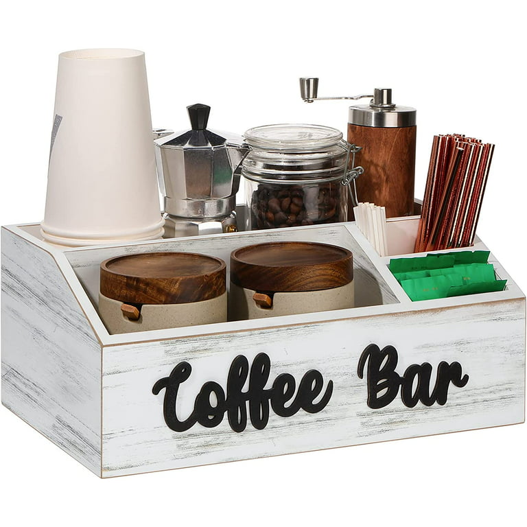 Coffee Station Organizer Coffee Bar Organizer for Counter, Wood Coffee Pods  Holder Storage Basket, Coffee and Tea Condiment Storage Organizer, Rustic
