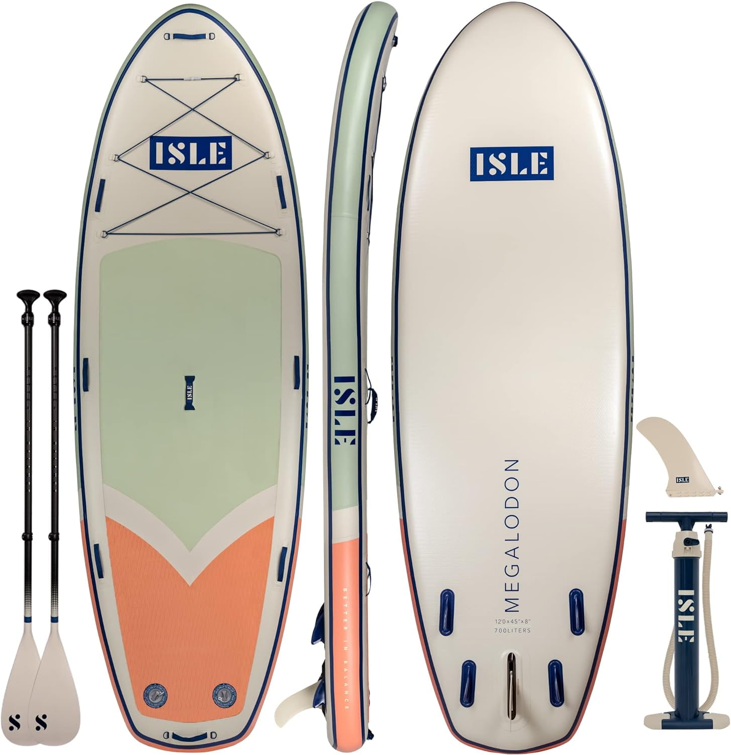 ISLE Megalodon Inflatable Stand Up- 1,050lbs Max Capacity—12'Lx45"Wx8" OR 15'Lx56"Wx8"(Seafoam/Peach, 15')