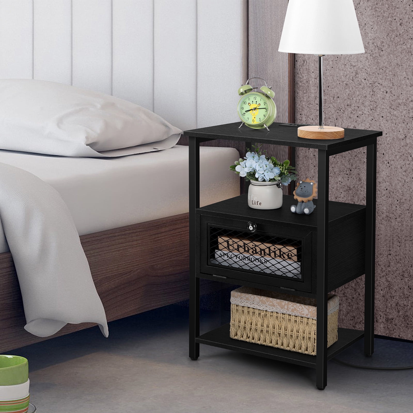 Oumilen Adult Modern Nightstand with Charging Station, Black