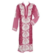 Mogul Woman's Long Kurti Pink Georgette Designer Embroidered Tunic Dress XXXL