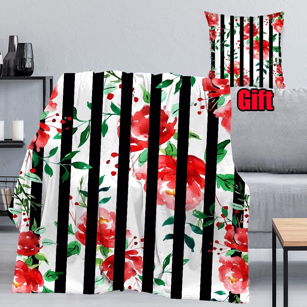 Colorful Flowers Striped Bed Blanket With Pillow Case For Sofa Couch
