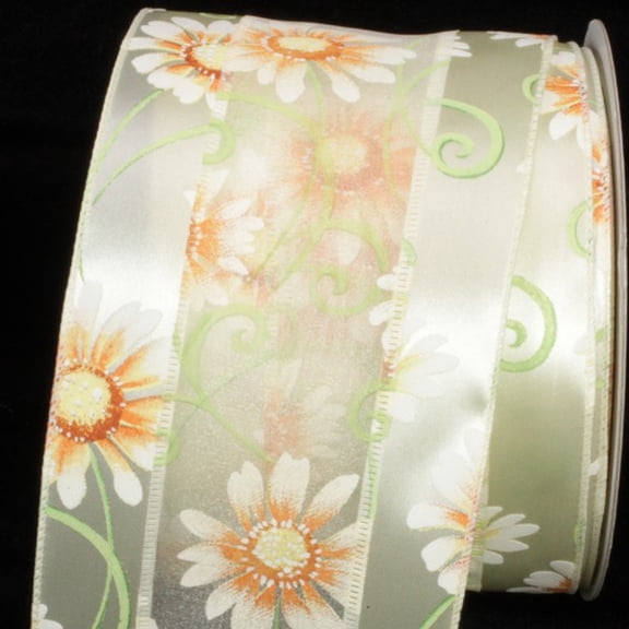 The Ribbon People White and Green Embossed Flowers Wired Craft Ribbon 4" x 20 Yards