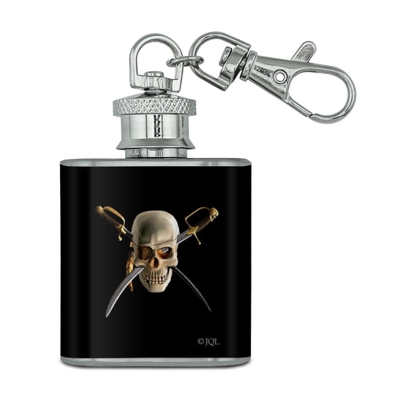 Pirate Skull Crossed Swords Patch Stainless Steel 1oz Mini Flask Key Chain