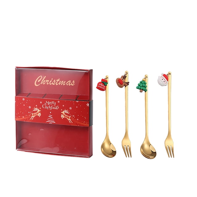 TIMIFIS A Tableware Christmas Spoon Christmas Dessert Spoon Fork Stainless Steel Tableware Set Cute Doll with Hand Gift Serving Spoons Kitchen Gadgets