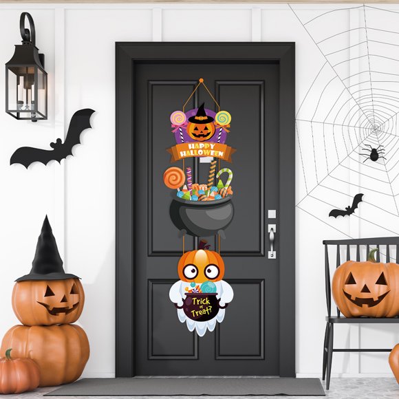 1 Set Halloween Pumpkin Door Pendants Hanging Wooden Door Signs Witch Hat Cartoon Design Spooky Smiling Face Parties Home Decor Supplies