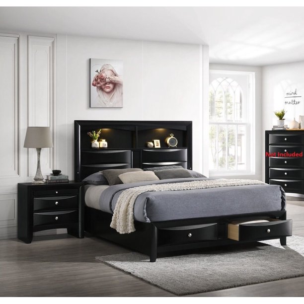 Contemporary 3pc Queen Size Platform Storage Drawers Shelves LED Bed