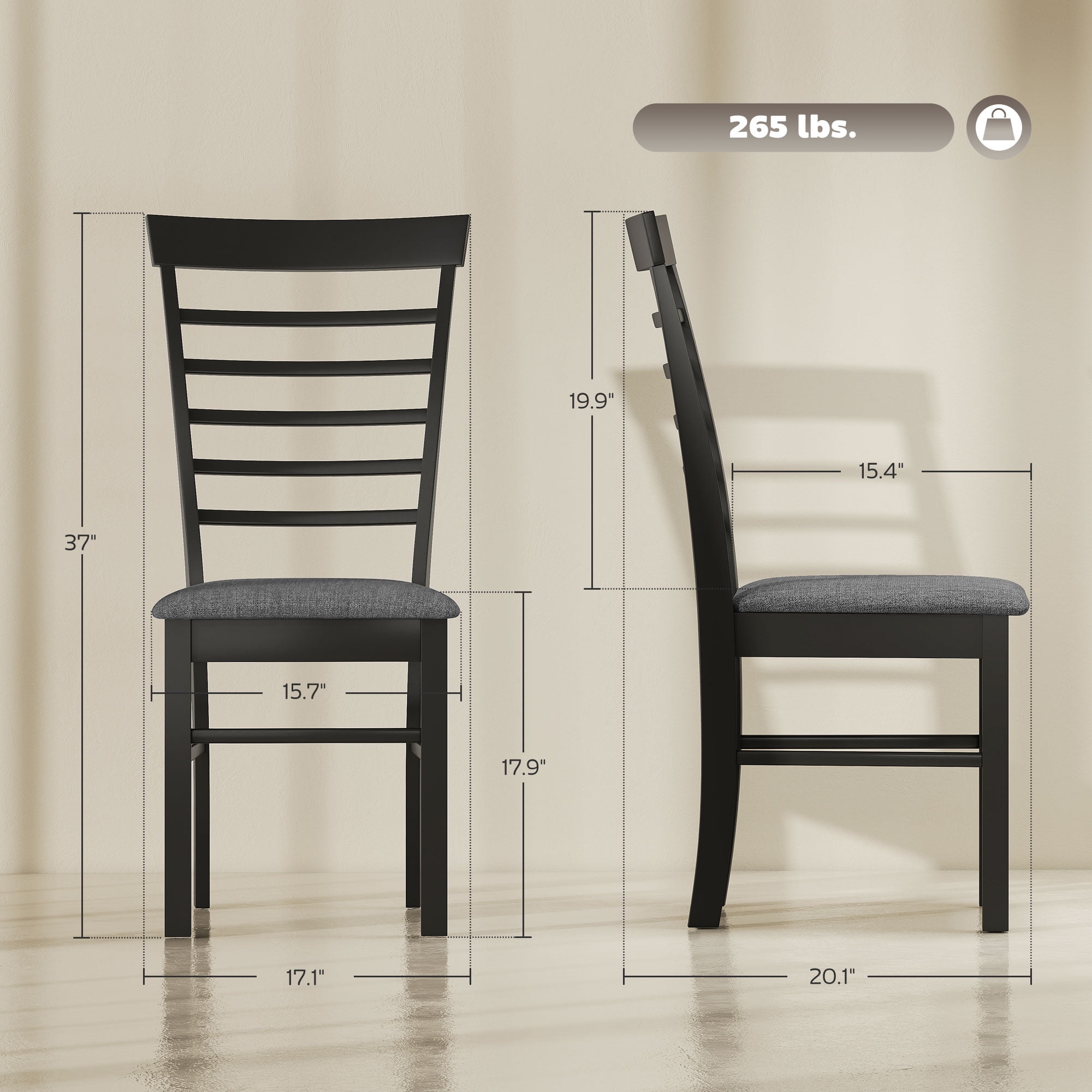 HOMCOM Wooden Dining Chairs Set of 2, Farmhouse Upholstered Kitchen Chairs with Rubber Wood Frame for Living Room, Dining Room, Black and Gray
