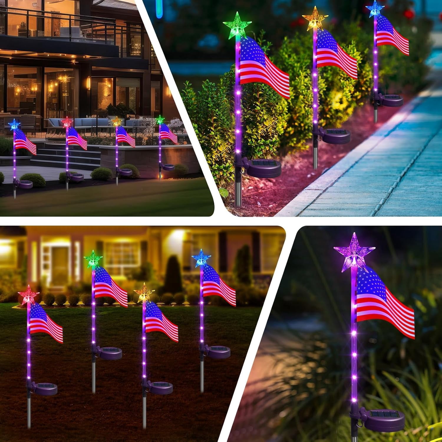 US Flag Solar Garden Lights, 4 Pack 24 LED 7 Color Changing American Flag Landscape Light, 4th of July Outdoor Decor Star Solar Stake Lights for Yard Patio Walkway Pathway