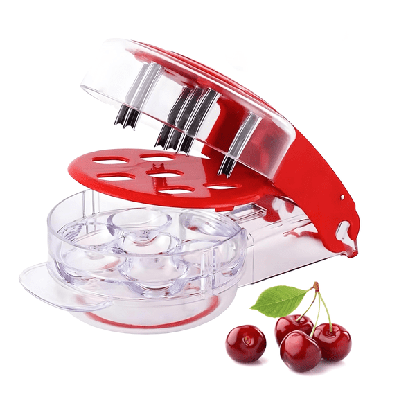 Cherry Pitter Tool - Push-Pull Cherry Seed Remover 6 at a Time - Portable Cherry Pitter Tool Pit Remover with Lock Design - Great Tool for Kitchen, Cake Shop, Fruit Salad (Red)
