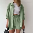 thumbnail image 2 of Two Piece Sets for Women,Women's Casual 2 Piece Outfit -Linen Long Sleeve Button Shirts Matching High Waist Drawstring Shorts Sets, 2 of 6
