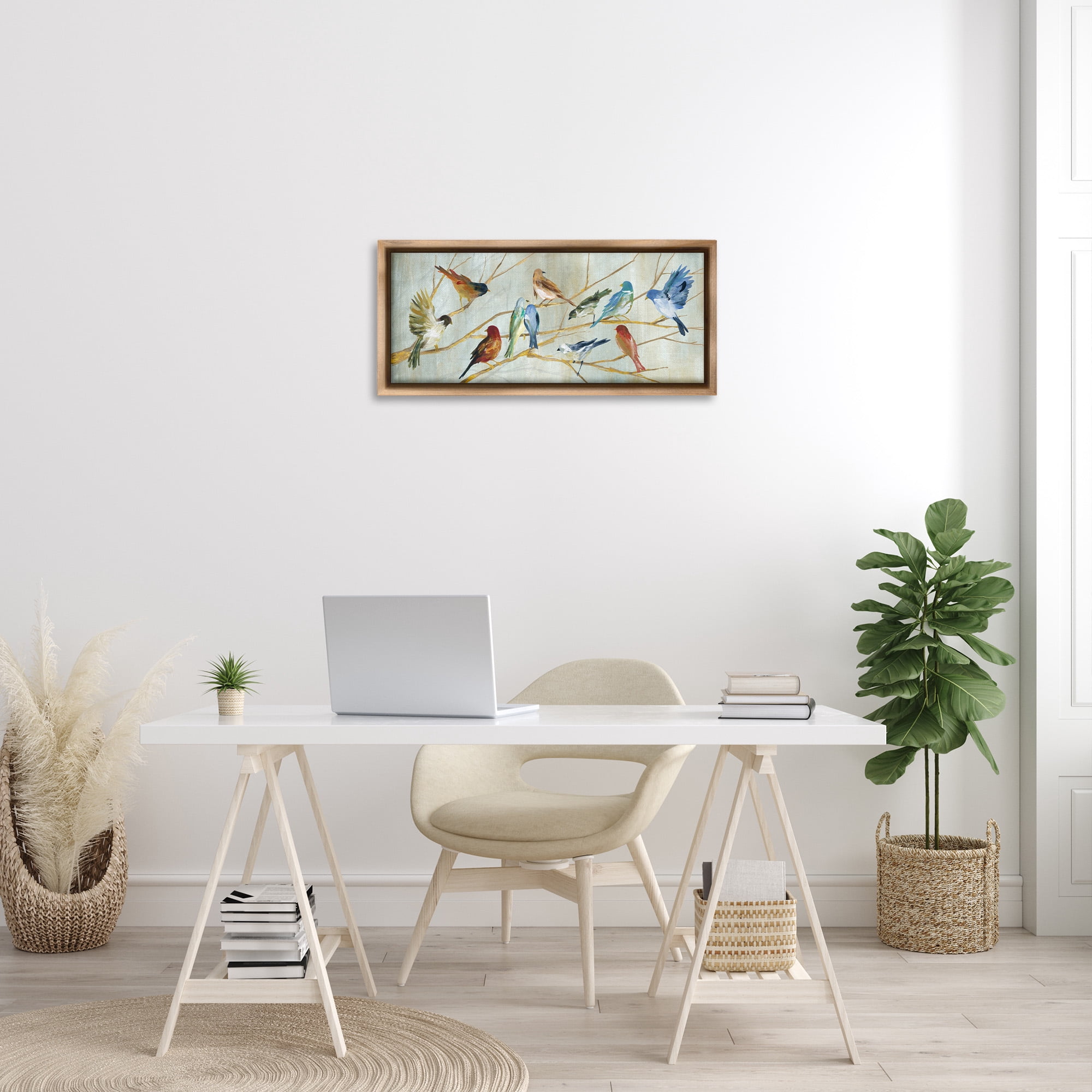Stupell Industries Birds Resting Autumn Branches Animals & Insects Painting Brown Floater Framed Canvas Art Print Wall Art, 31 x 14