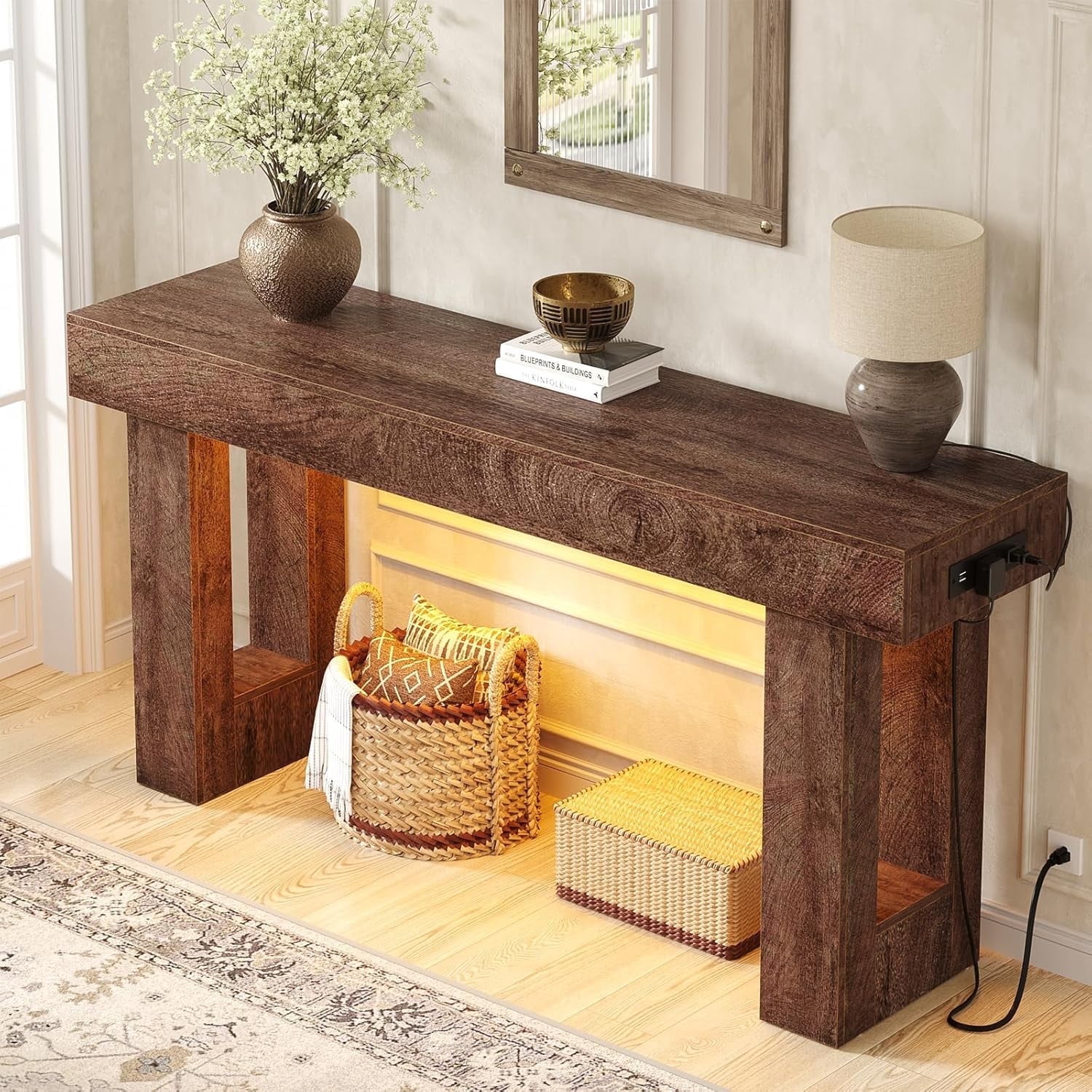 Homieasy 63'' Farmhouse Console Table with Power Outlets and Sensor Light, Wooden Entryway Table Narrow End Table with Storage for Entrance, Hallway, Living Room, Bedroom, Cracked Oak