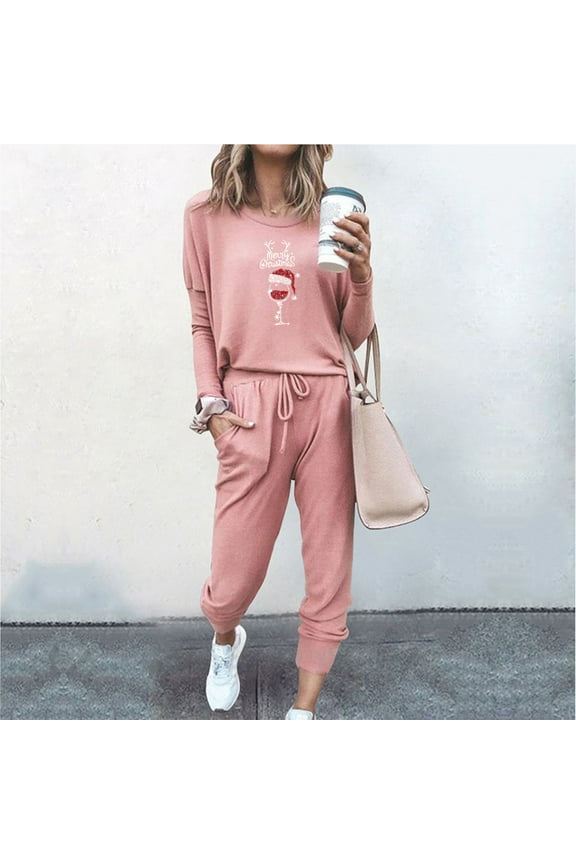 Christmas Sweatsuits for Women Sets 2 Piece Outfits Casual Lounge Sets Two Piece Sweat Suits,Fun Letter Print Long Sleeve Sweatshirt Jogger Pants Set Workout Athletic Tracksuits
