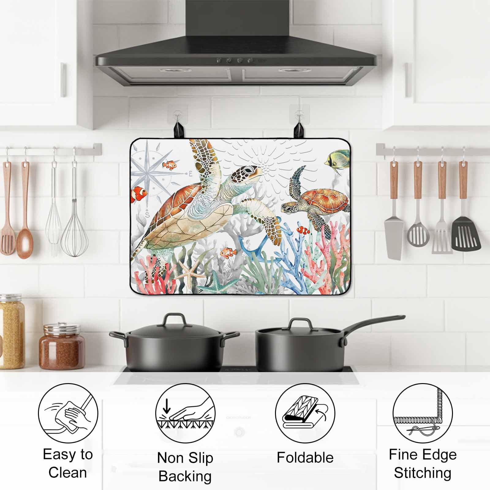 Brown Sea Turtle Coastal Stove Top Cover for Electric Stove, Heat-proof & Non Slip Glass Top Stove Cover Protector, Summer Beach Coral Starfish Nautical Kitchen Flat Cooktop Rubber Mat 24x21 Inches