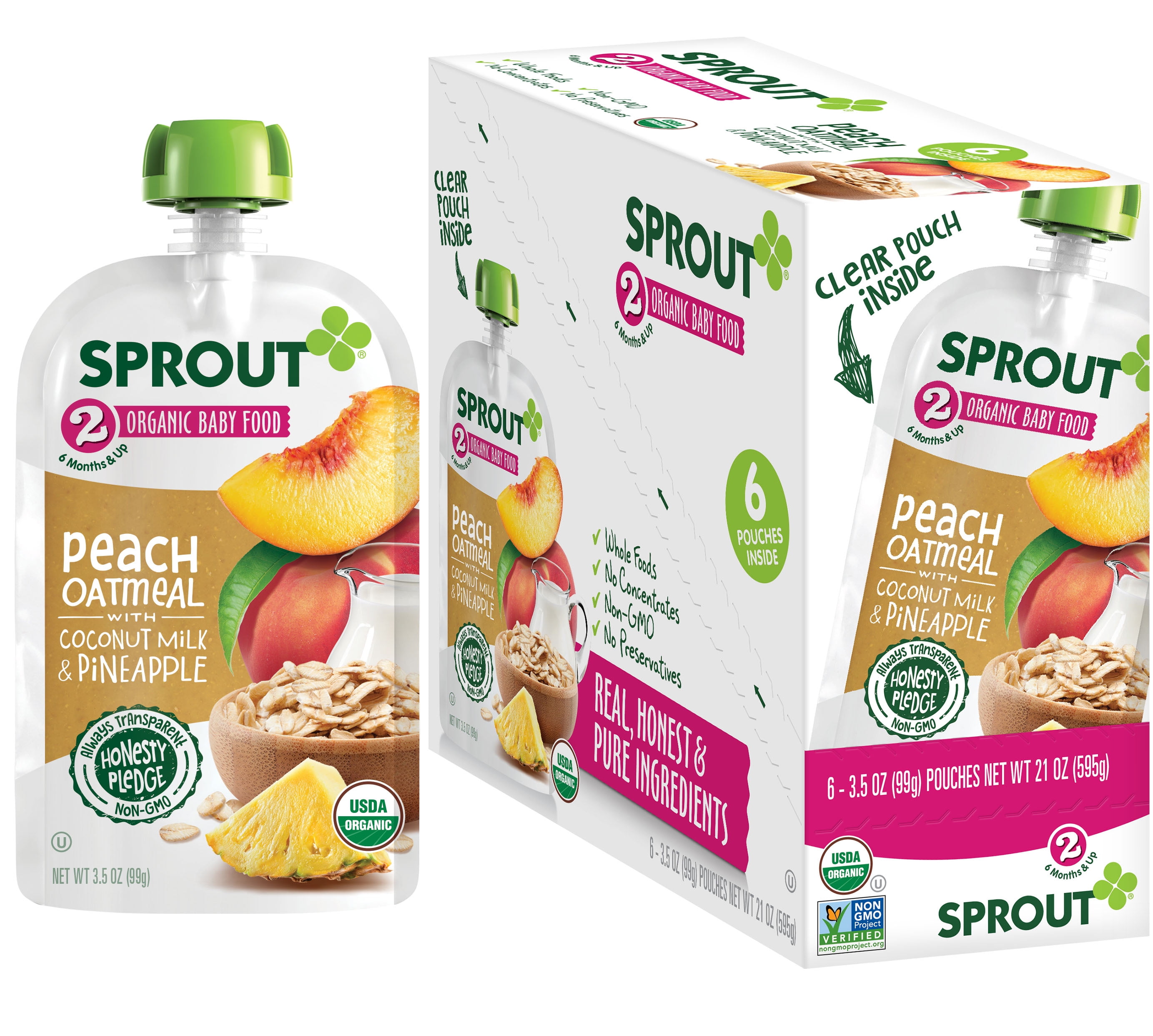 Sprout Organic Baby Food Stage 2 Pouches Peach Oatmeal with Coconut